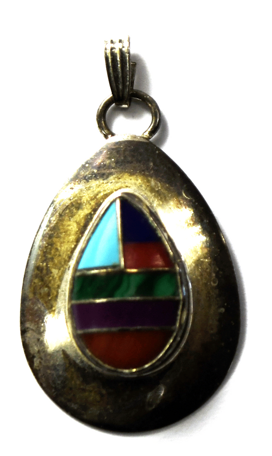 Sterling TK Emerson Inlay Teardrop Pendant Coral Malachite Turquoise 34x18mm