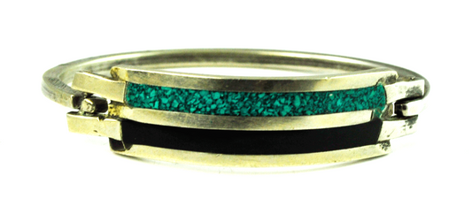 Silver Plated Turquoise Chip Black Enamel Stripe Bangle Bar Bracelet 12mm 5.5"