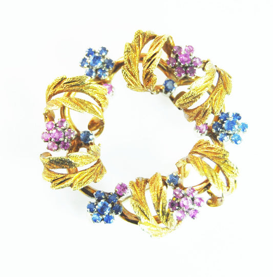 Beautiful Antique 18k Pink & Blue Mine Cut Sapphire Floral Wreath Brooch Pin 15g
