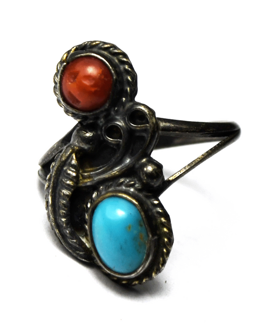 Antique Sterling Silver Turquoise & Coral 22mm Ring Size 5-3/4