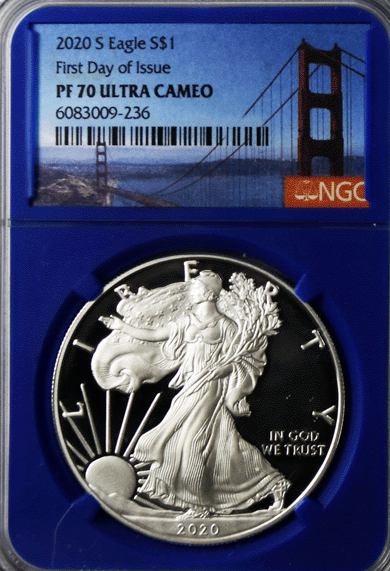 2020 S $1 American Silver Eagle NGC PF70 UC First Day of Issue Blue Golden Gate