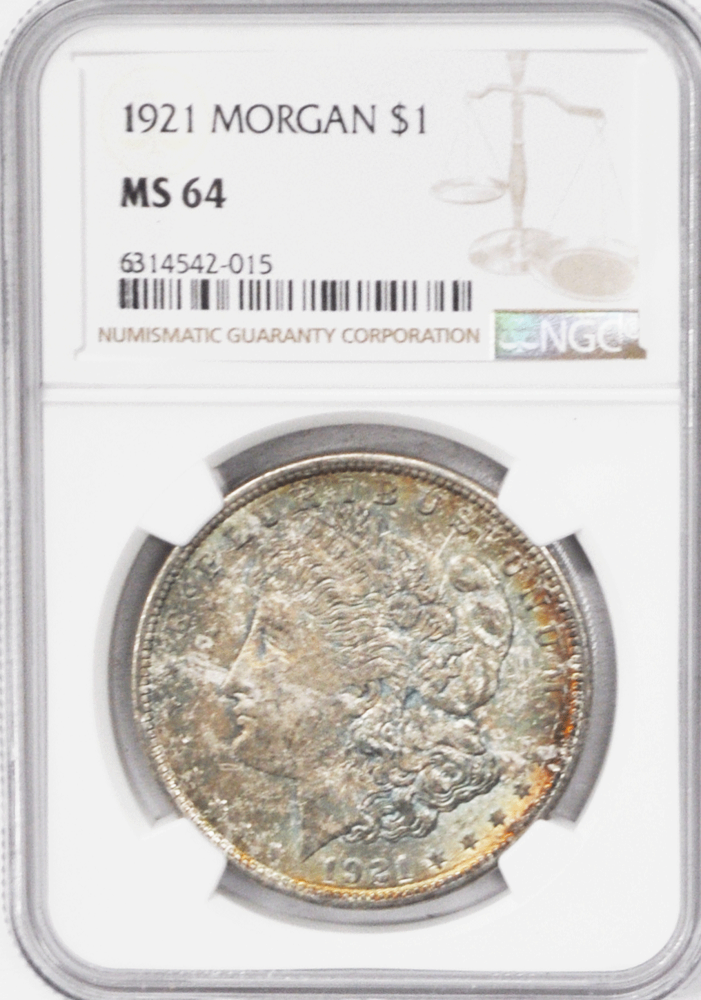 1921 $1 Morgan Silver One Dollar NGC MS64 Philadelphia Rainbow Toned