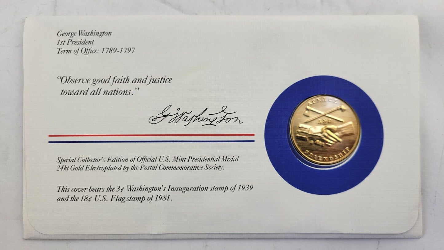 G Washington Presidential Covers Medal Postal Commemorative Society Gold Plated