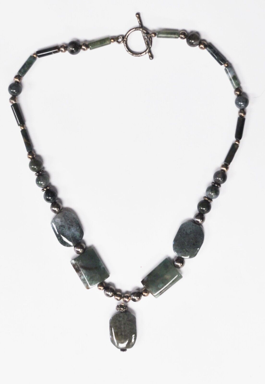 Silver Plate Forest Green Jade 15mm Bead 33mm Dangle Necklace 17.5"
