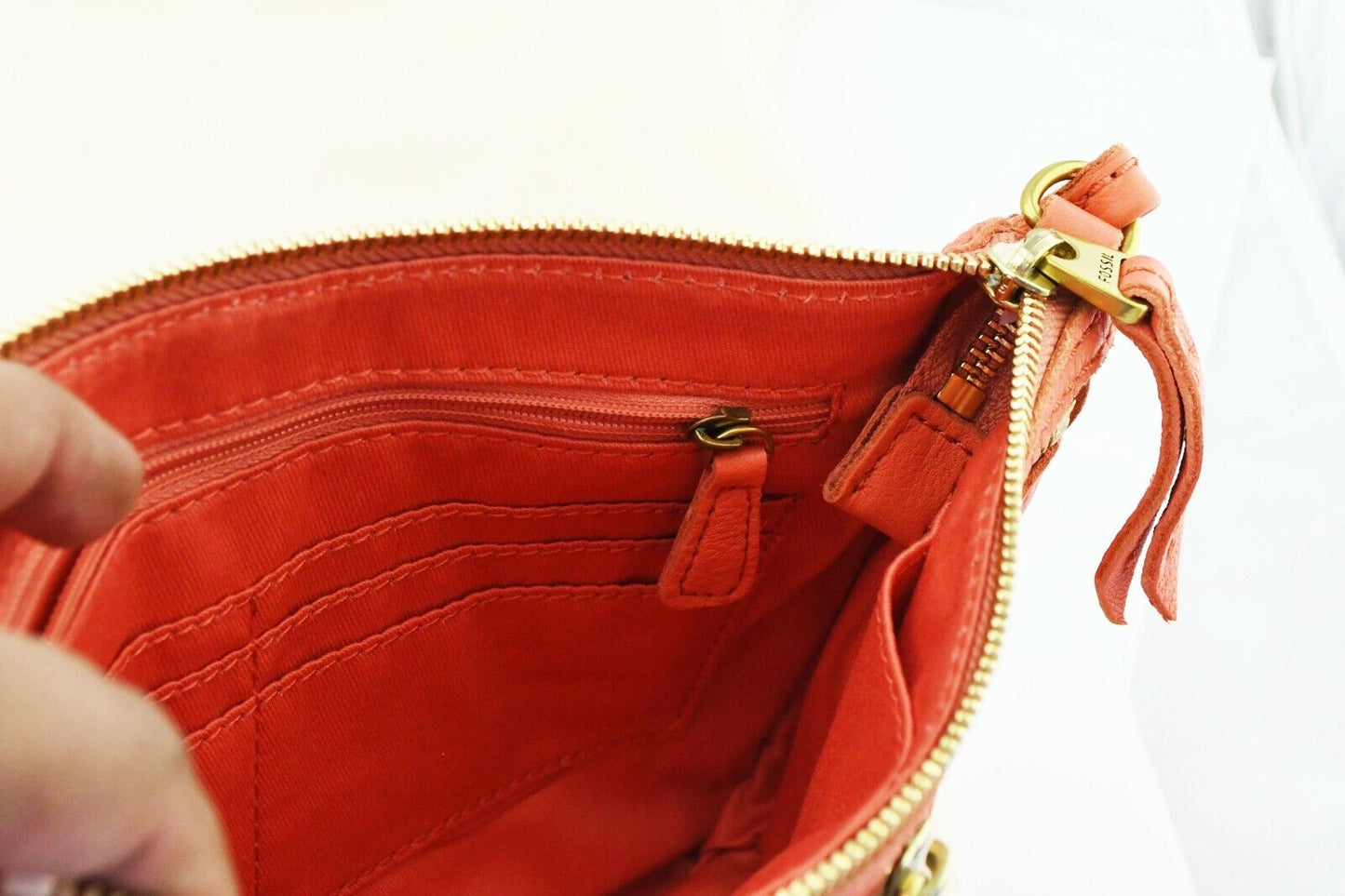 Fossil ELISE Coral Pink Double Zip Leather Crossbody Purse Handbag 10 x 6 1/2"