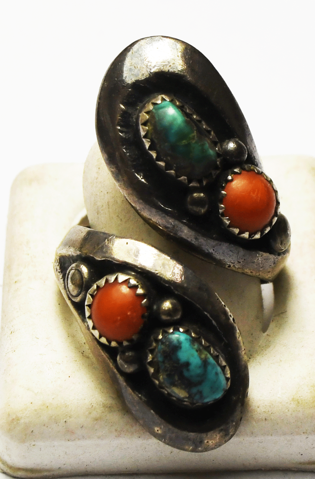 Antique Sterling Silver Turquoise & Coral Bypass Ring 40mm Size 9 Sandcast