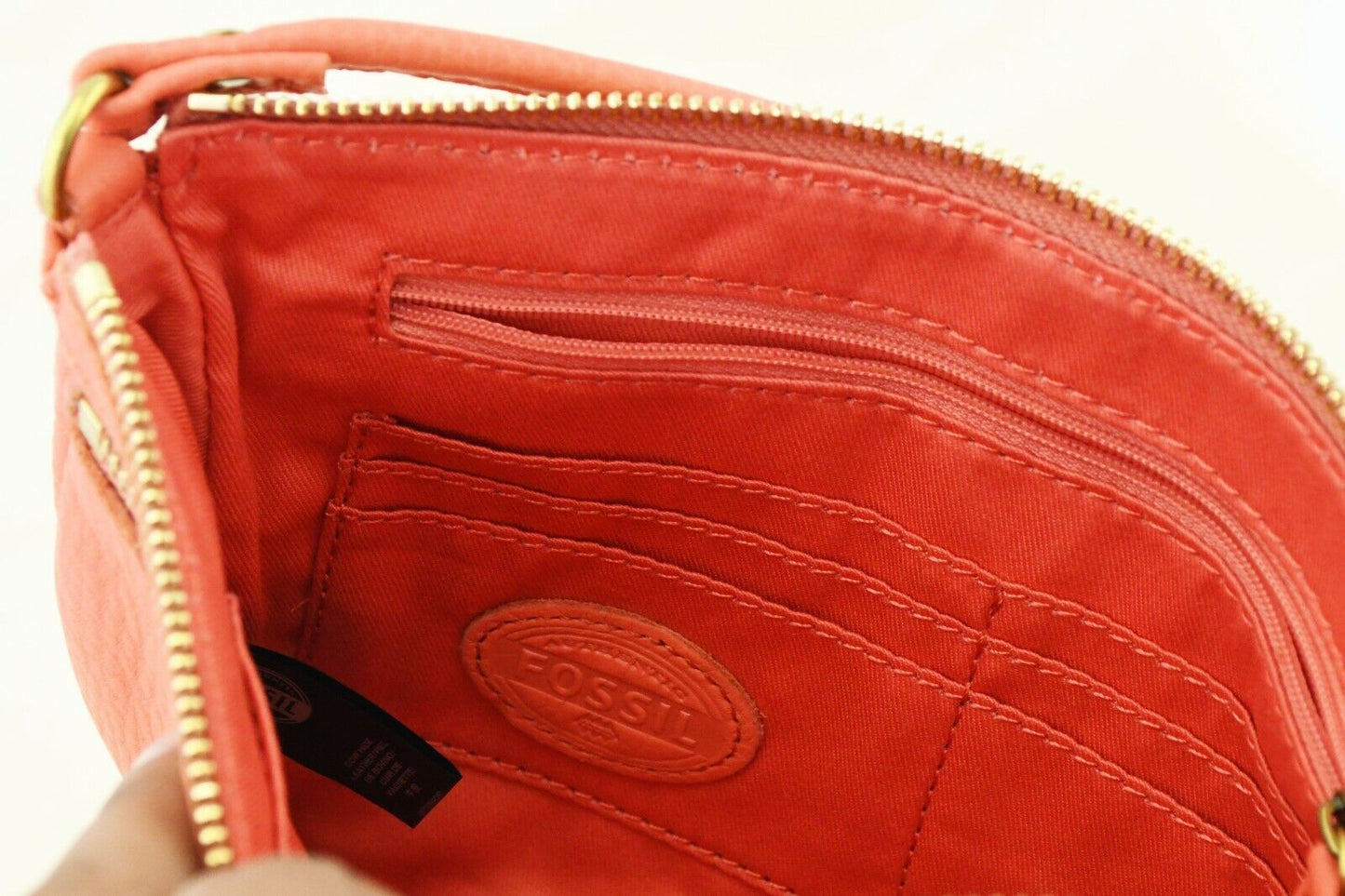 Fossil ELISE Coral Pink Double Zip Leather Crossbody Purse Handbag 10 x 6 1/2"