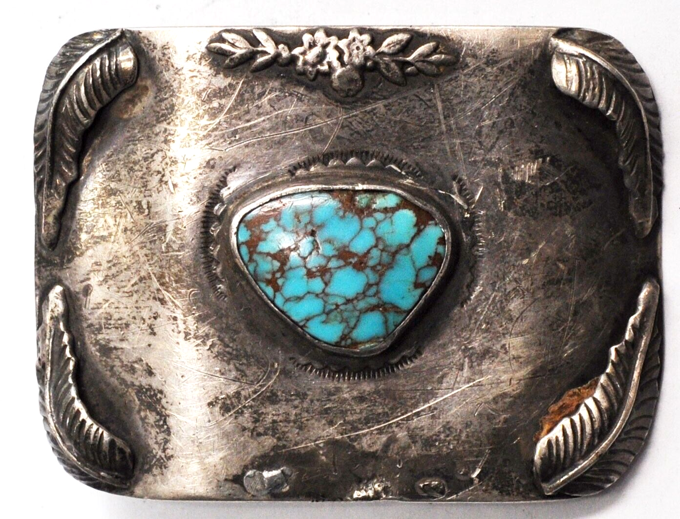 Vintage Sterling Turquoise Floral Handcrafted 51x68mm Belt Buckle Fits 37mm Belt