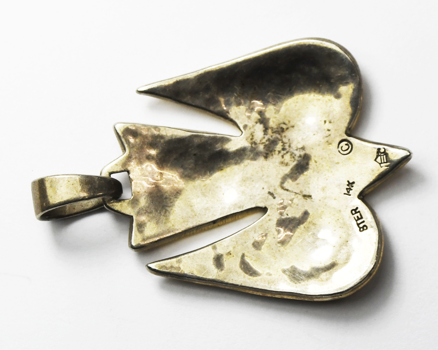 Sterling Silver JC 14k Two Tone Dove Hammered Pendant 42mm x 30mm