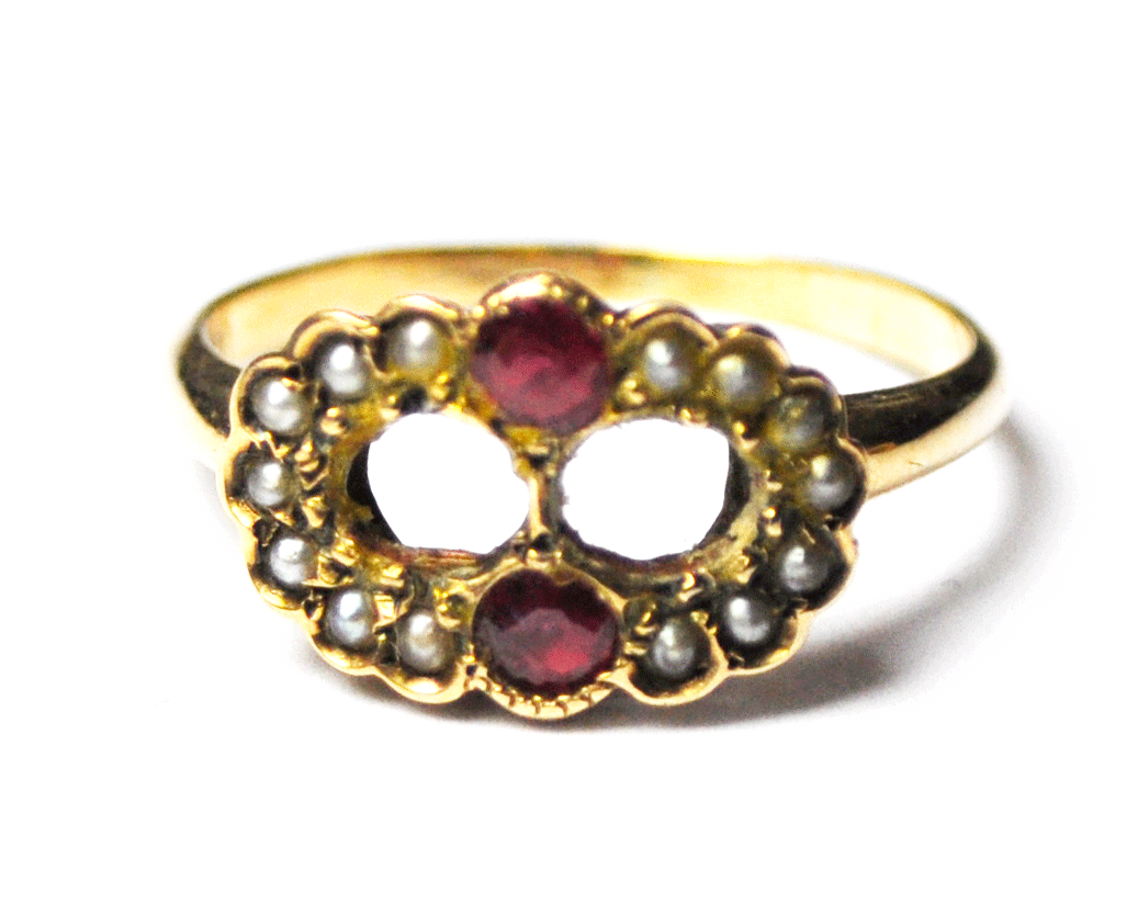 Antique 9k Yellow Gold Ruby & Pearl Figure 8 Cluster Rings Size 5