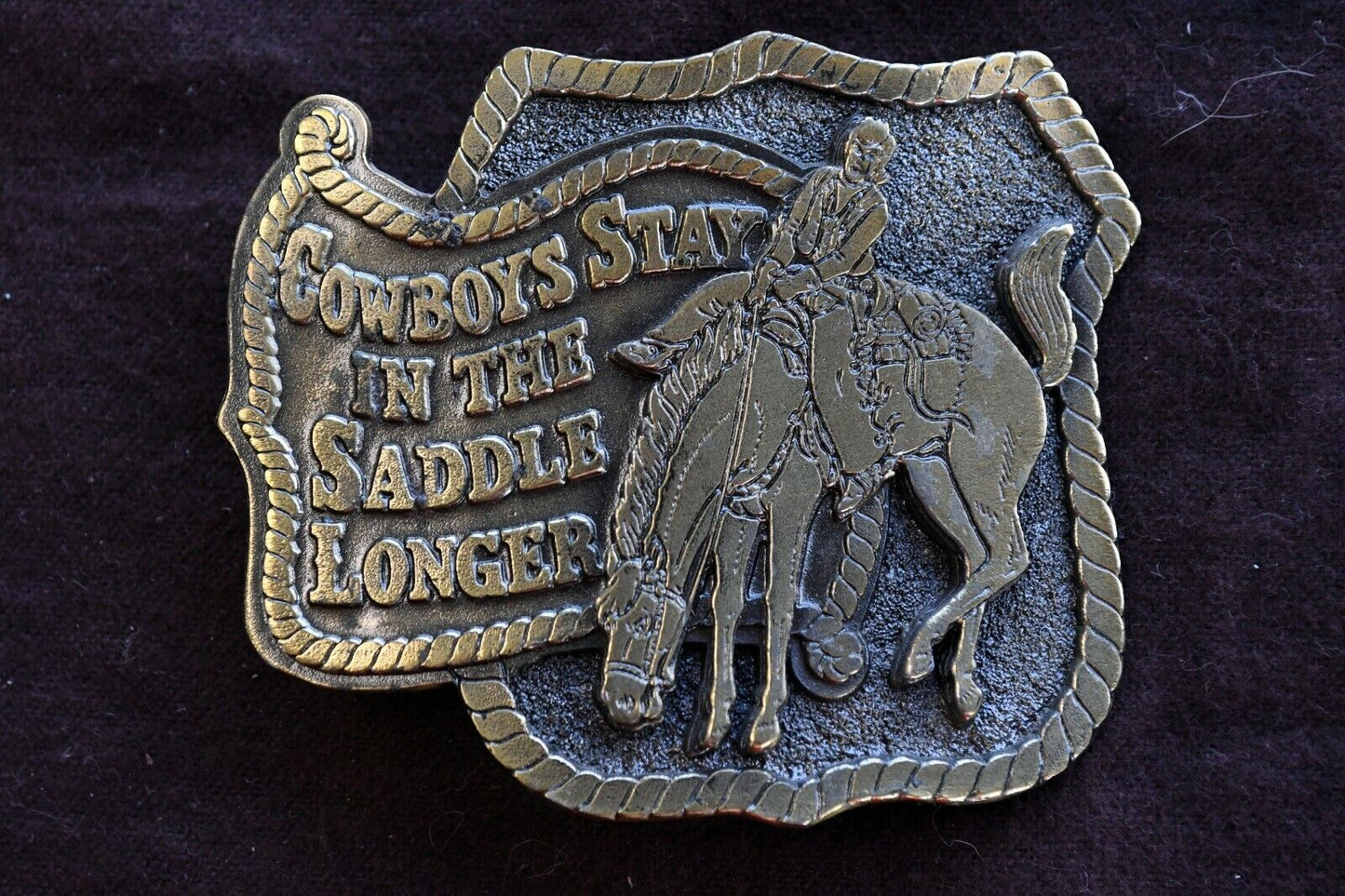 1980 Cowboys Stay in the Saddle Longer 3 3/4" x  2 3/4" Brass Belt Buckle 5.8 oz