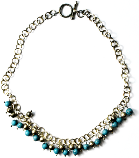 950 Silver Turquoise Blue Bead Ball Cha Cha Necklace Toggle 14mm 15.5"