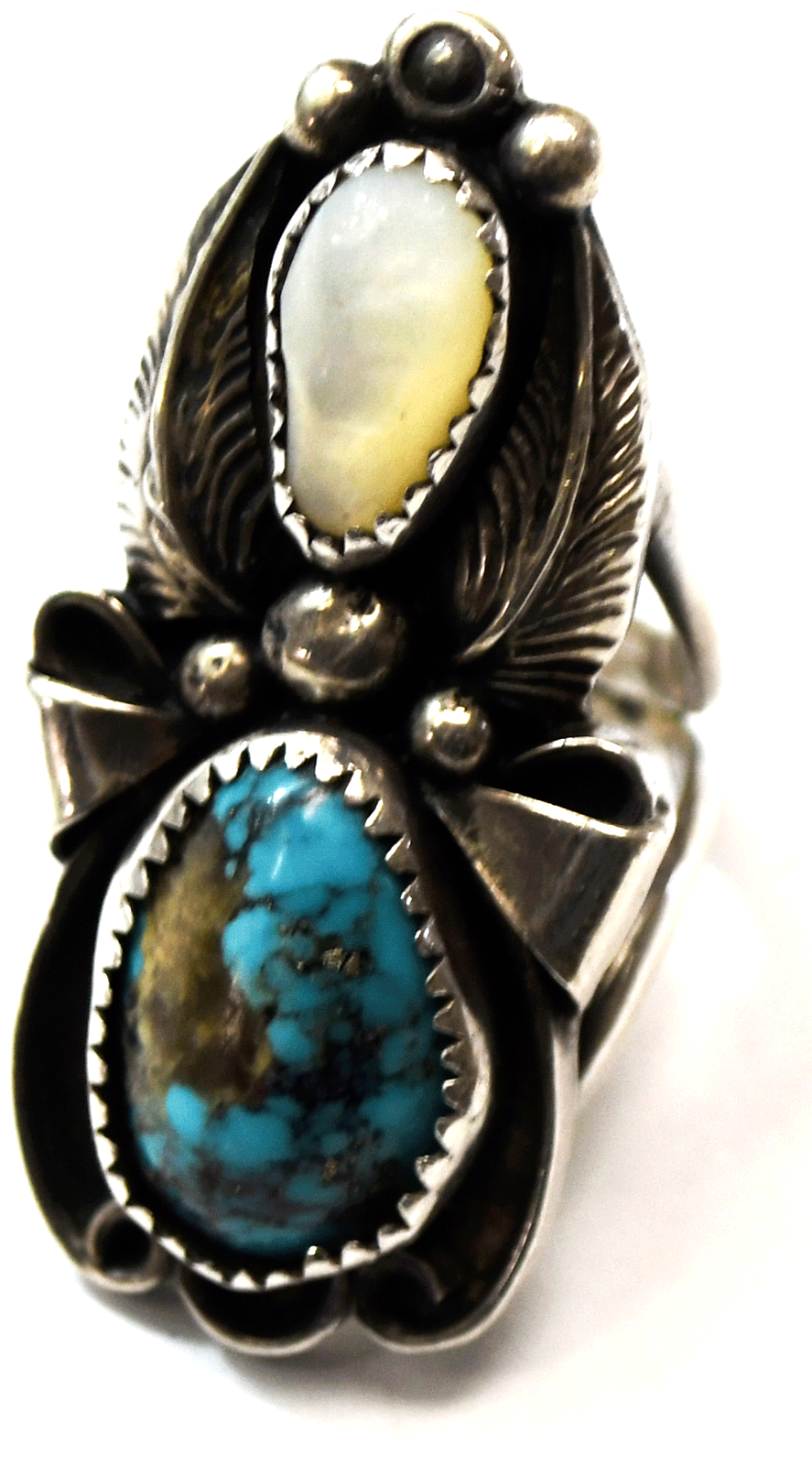 Sterling Sandy Sangster Two Feathers Turquoise MOP Ring 41mm Size 4-1/2