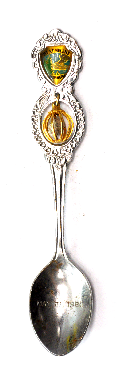 Silver Plated Union Japan Mount St. Helens Rock in Cage Charm 4-5/8"