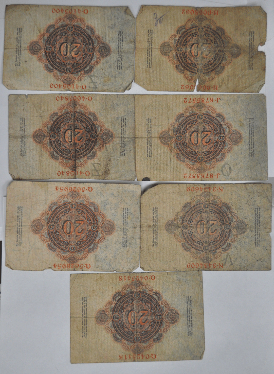 Lot of 7 Germany 1910 & 1914 Zwanzig 20 Mark Notes