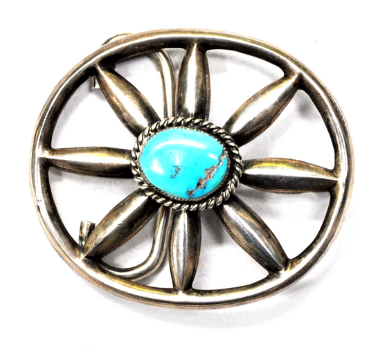 Vintage Sterling Silver Turquoise Sandcast Pinwheel Oval Belt Buckle 69mm x 59mm