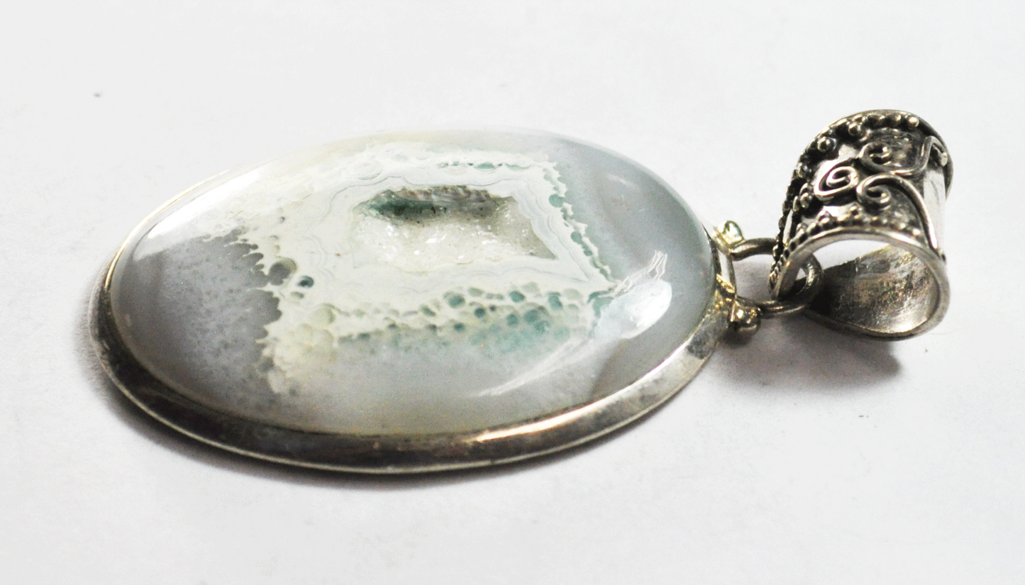 Sterling Silver Druzy Lace Agate Large Oval 10mm Bale Pendant 38mm x 64mm