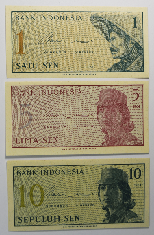 1964 Bank of Indonesia Uncirculated Banknotes 1, 5 & 10 Sen