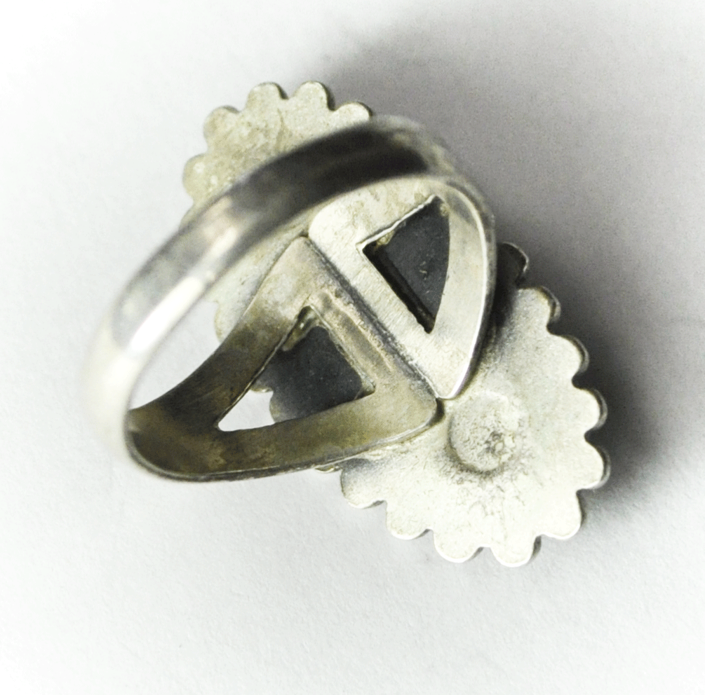 Sterling Silver Antique Bell Trading Green Turquoise Dot Halo Ring 26mm Size 5.5