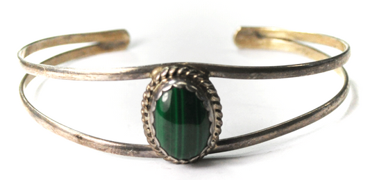 Sterling Silver Spit Cuff Green Malachite Bracelet 18mm 6-1/4" Spencer Signed S