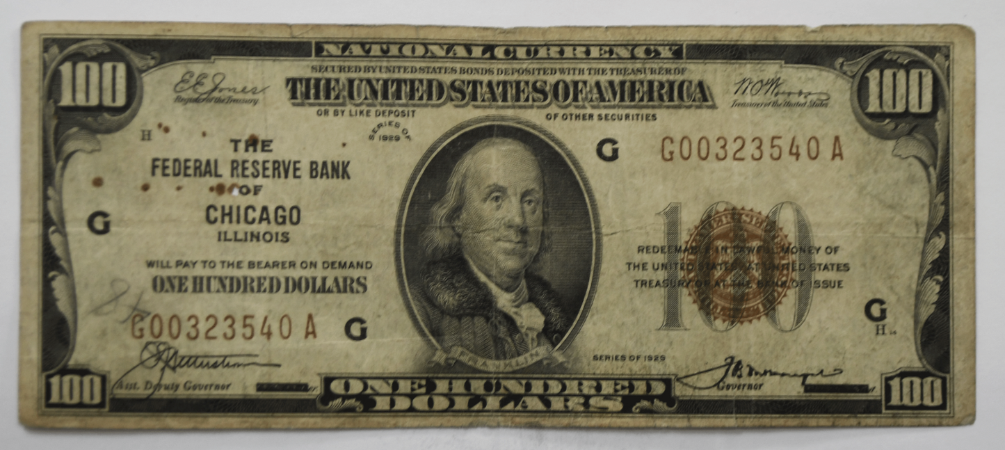 1929 $100 FRBN Federal Reserve Bank Note Chicago  G00323540A