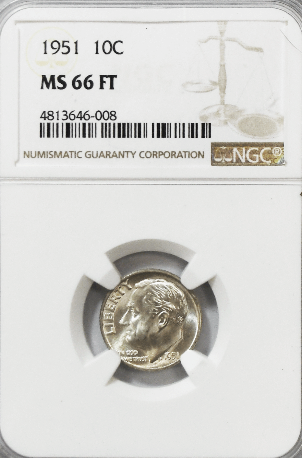 1951 10c Roosevelt Silver Dime Ten Cents NGC MS66 FT Philadelphia Uncirculated