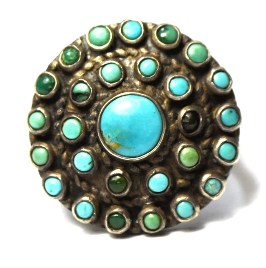 Sterling Silver Petit Point Round Turquoise Cluster Ring 21mm Size 5