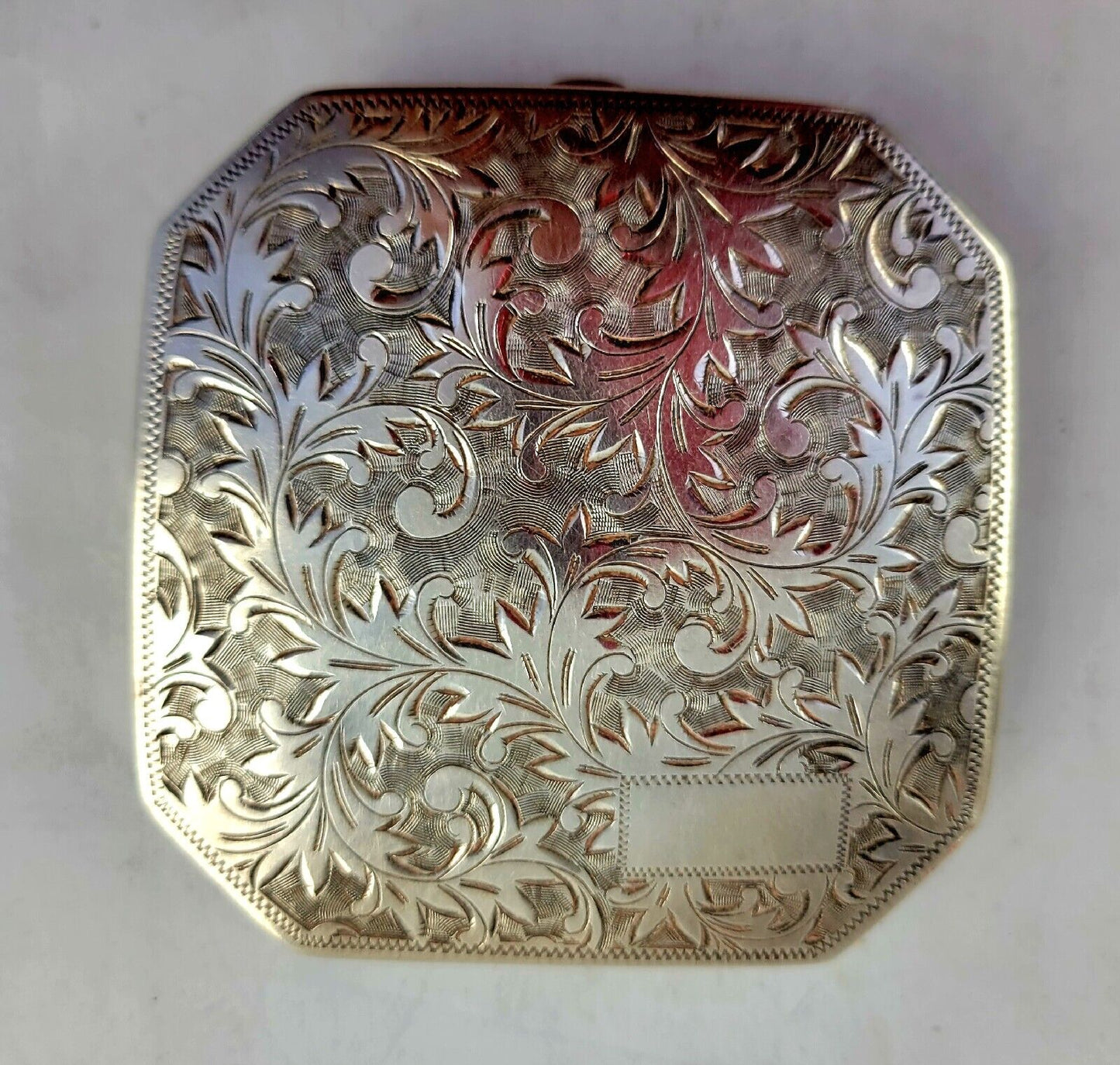 950 Sterling Silver 2 7/8" Octagon Mirror Make-Up Compact Hand Chased