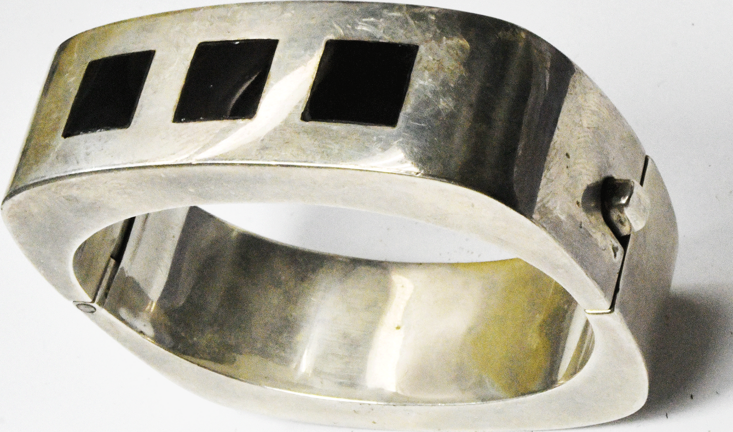 Sterling Silver 3 Square Black Onyx Hinged Small Bangle Bracelet 21mm 7" Wrist