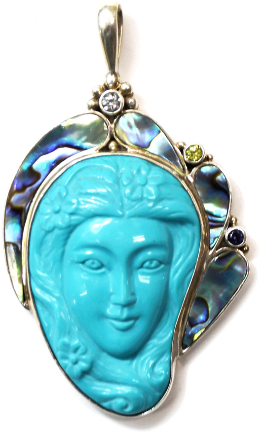Sajen Large Sterling Silver Turquoise Goddess Head MOP Pendant 72mm x 43mm