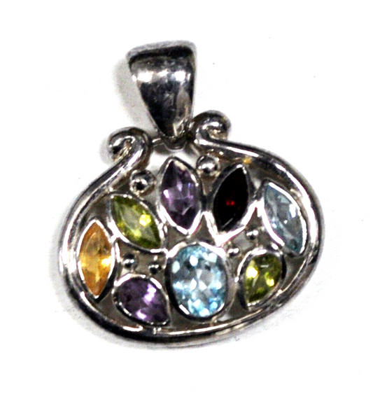 Sterling Silver Multi Gemstone Oval Jack o'lantern Pendant 33x30mm