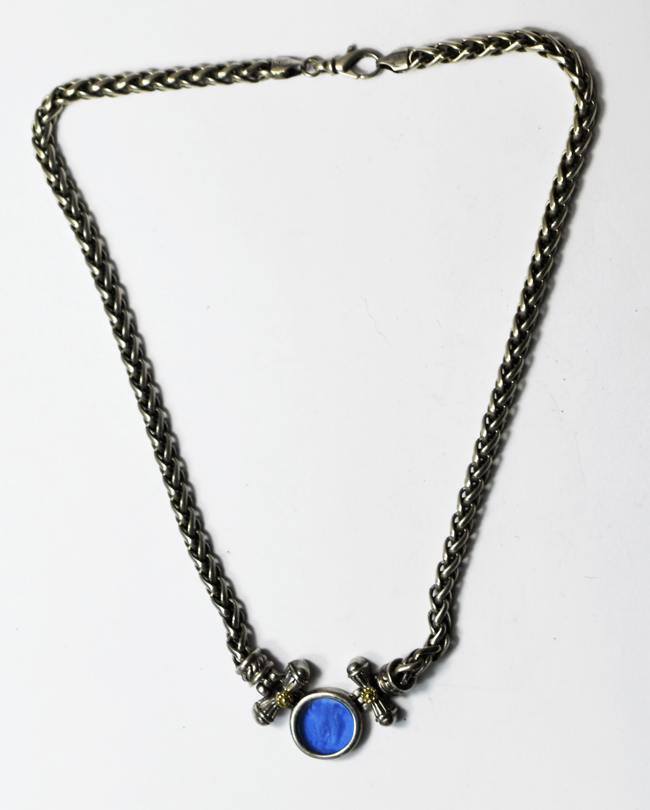 Sterling Round Blue Glass Cherub Angel 18k 5mm Wheat Chain 17" Necklace