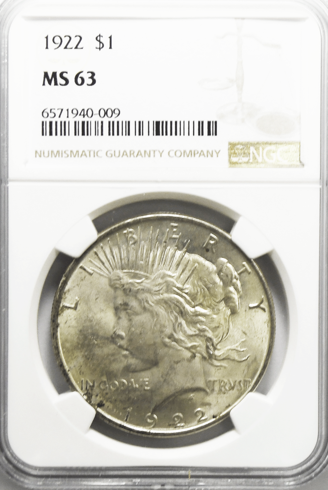 1922 $1 Peace Silver One Dollar US NGC MS63 Philadelphia Brilliant Uncirculated