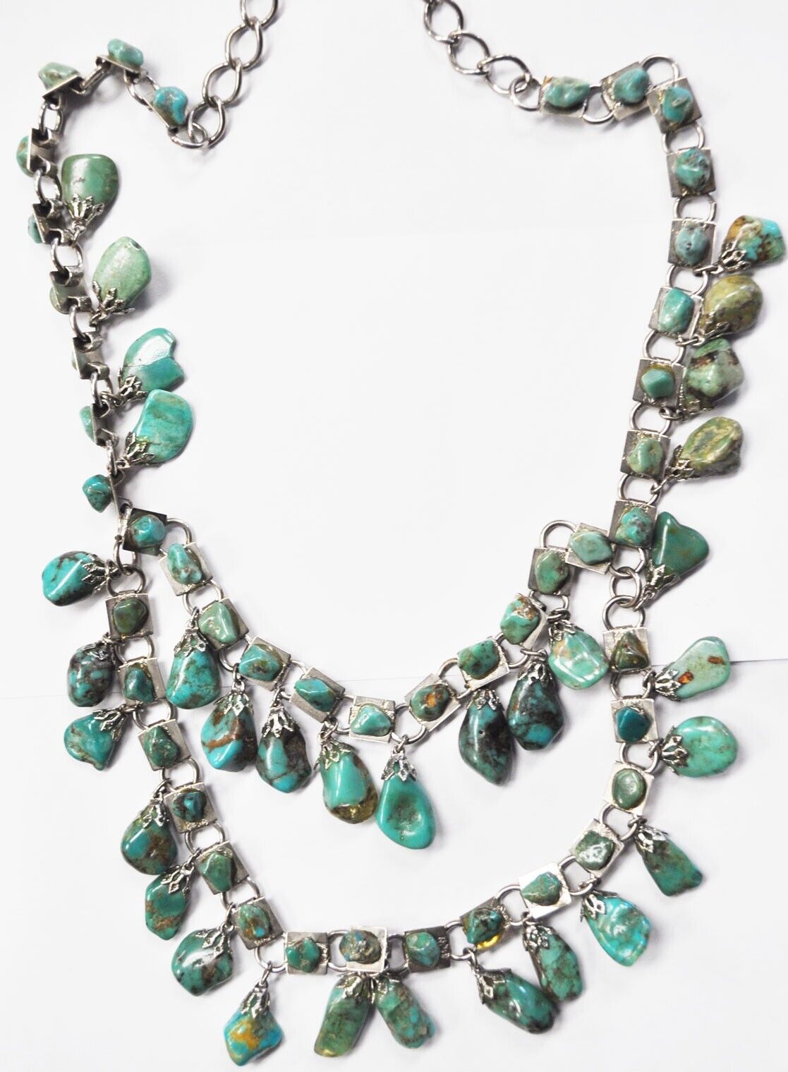 Silver Plate Turquoise Chunk Dangle Cha Cha 2 Tier 30" Necklace
