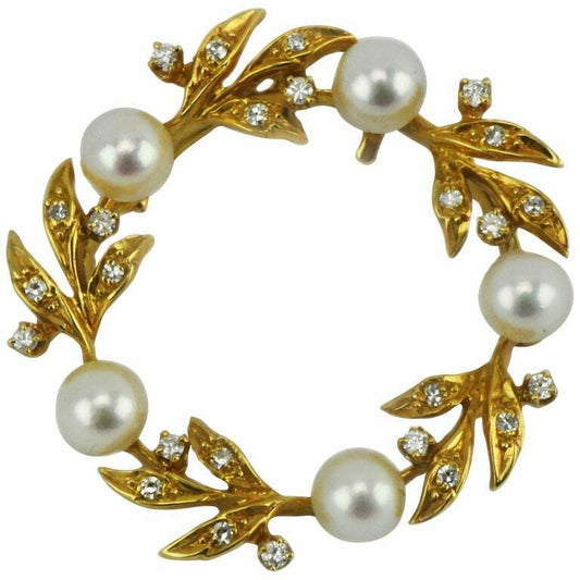 Vintage Kurt Wayne 14 Karat Yellow Gold Pearl Diamond Wreath Pendant