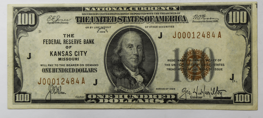 1929 $100 FRBN Federal Reserve Bank Note KC Missouri J00012484A Low Serial