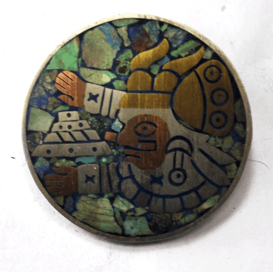 Antonio Hernandez Mexico Sterling Round Brooch Colorful Inlay 55mm Pendant