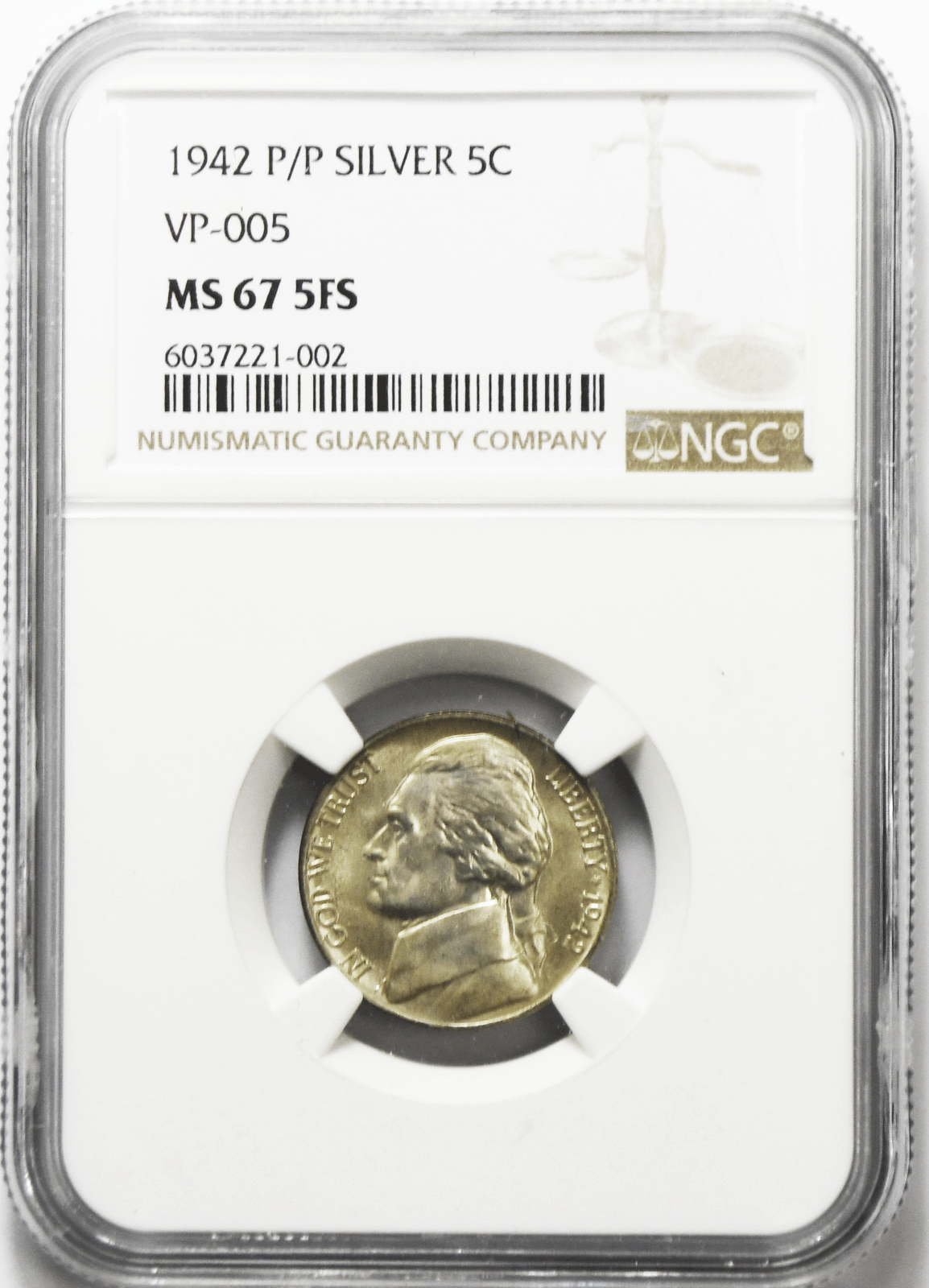 1942 P/P 5c Jefferson Silver War Nickel Five Cents NGC MS67 5FS VP-005 Top Pop