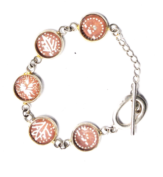 Silver Plated Round Pink & White Floral Dot Glass Link Toggle Bracelet 14mm 7"