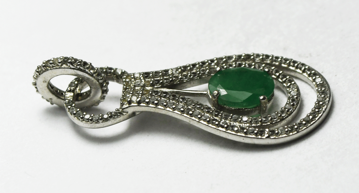 Sterling Silver CZ Teardrop Halo Natural Emerald Pendant 33mm  x 16mm