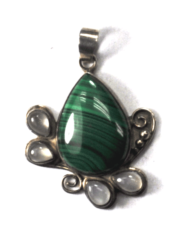 Sterling Silver Sajen Green Malachite Moonstone Pendant Teardrop 1-1/4" x 1-3/4"