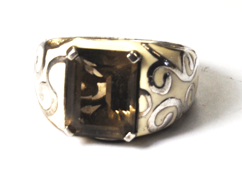 Sterling Silver Smoky Quartz Ivory Enamel Scroll Vine Ring 15mm Size 10