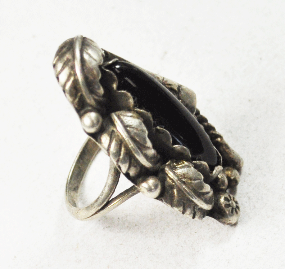 Sterling Silver Sarah Curley Bolo End Onyx Ellipse Floral 35mm Ring Size 5