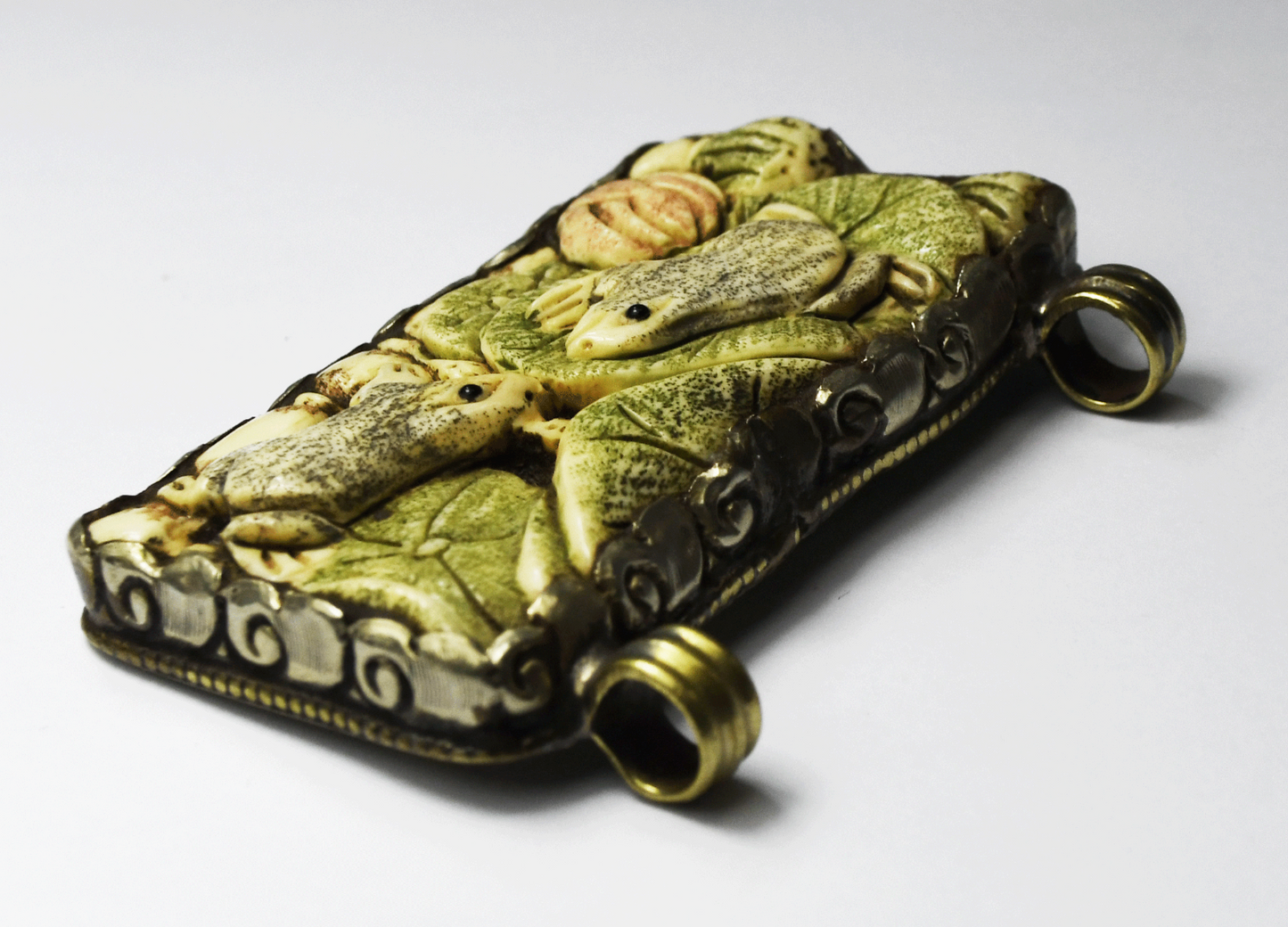 Silver Plated Tibetan Ornate Large Rectangle Pendant Carved Frogs 64x45mm