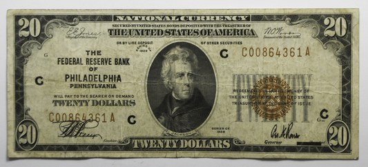 1929 $20 Twenty Dollars FRBN Federal Reserve Bank Note Philadelphia C00864361A