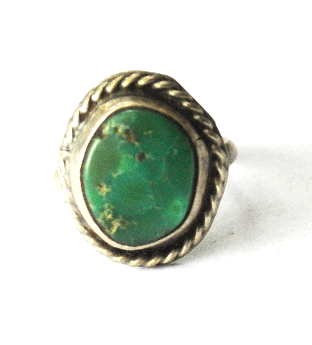 Small Antique Sterling Silver Green Turquoise Solitaire Wedding Ring Size 2