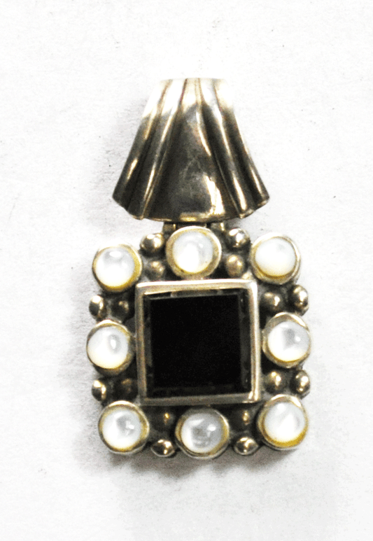 Sterling Silver SX Black Onyx Square MOP Halo 29mm x 18mm Pendant 4mm Bale
