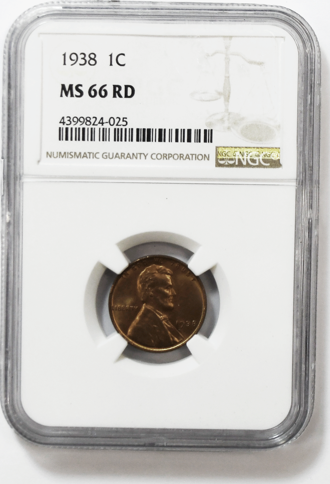 1938 1c Lincoln Wheat Cent One Penny NGC MS66 RD Philadelphia BU