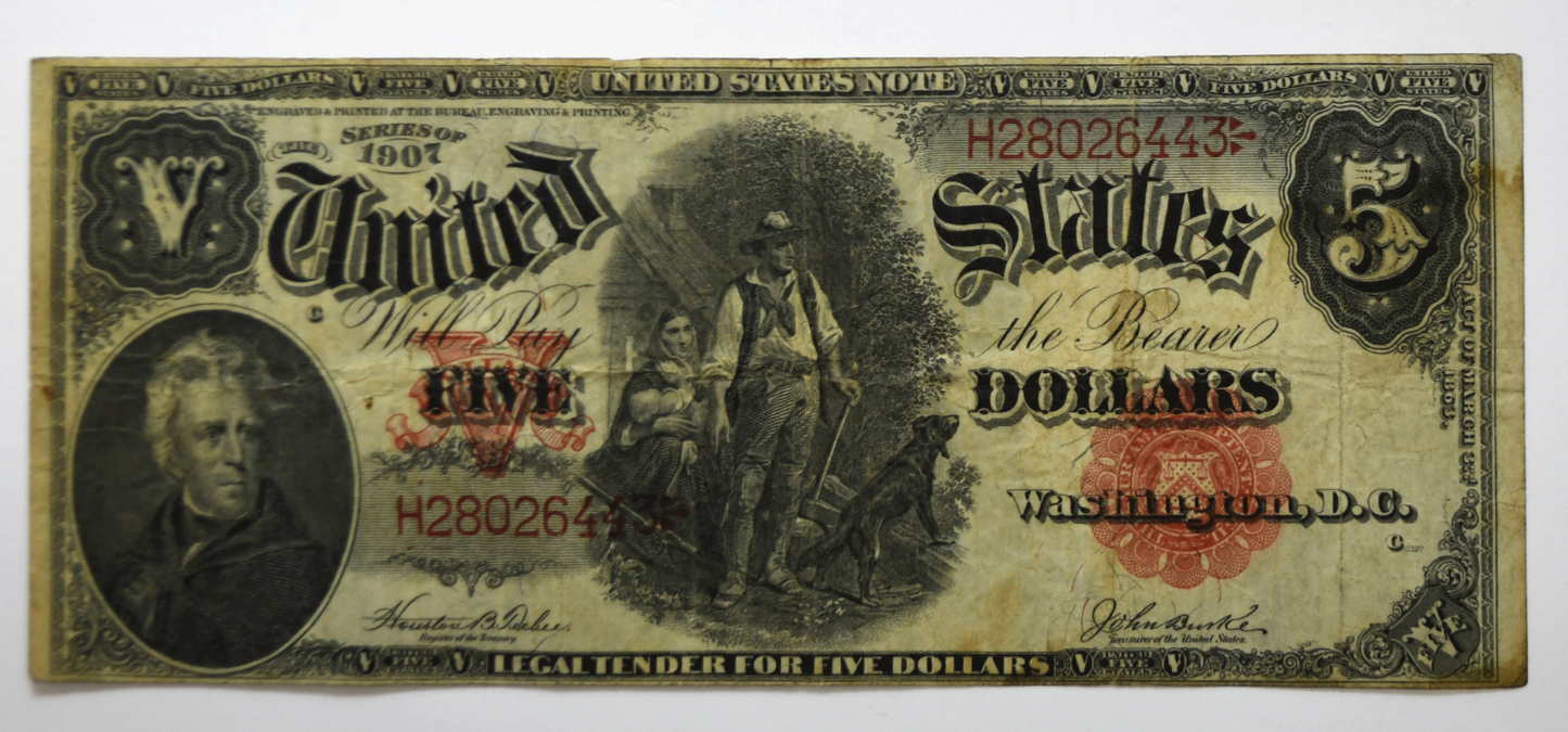 1907 $5 Five Dollars Legal Tender Jefferson Red Seal H28026443 FR#88 Woodchopper