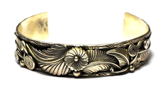 Sterling Vintage Flower Floral Leaf 16mm Cuff Bracelet 7.25" Wrist